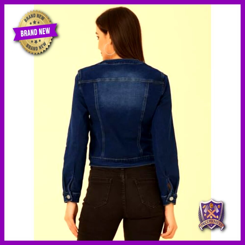 Denim Jacket Collarless Round Neck Button Down Lo… - image 4